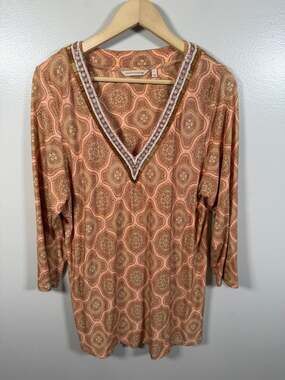 Soft Surroundings Lillia Beaded Medallion Tunic Size Large Orange Boho Eclectic